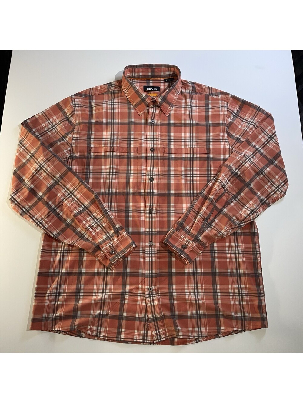 Orvis Active Fit Men’s Large Plaid Button Front Shirt Orange Fishing Hiking